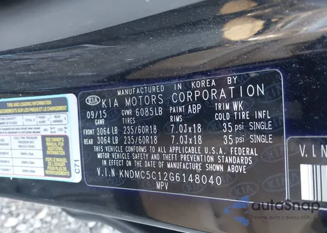 2016 Kia Sedona Ex z USA, uszkodzony, nr VIN KNDMC5C12G6148040